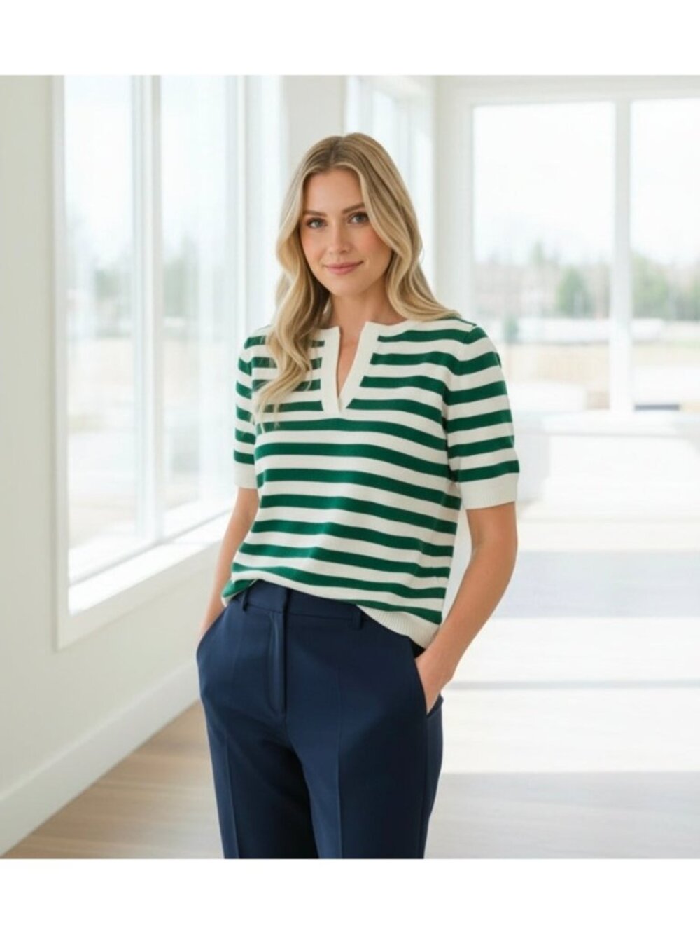 Zenana Knit Top Split Neck Preppy Stripe Short Sleeve Sweater Shirt Green